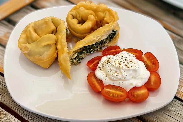 Spinach pie with tzatziki sauce at Aloni Cafe in Kardamili